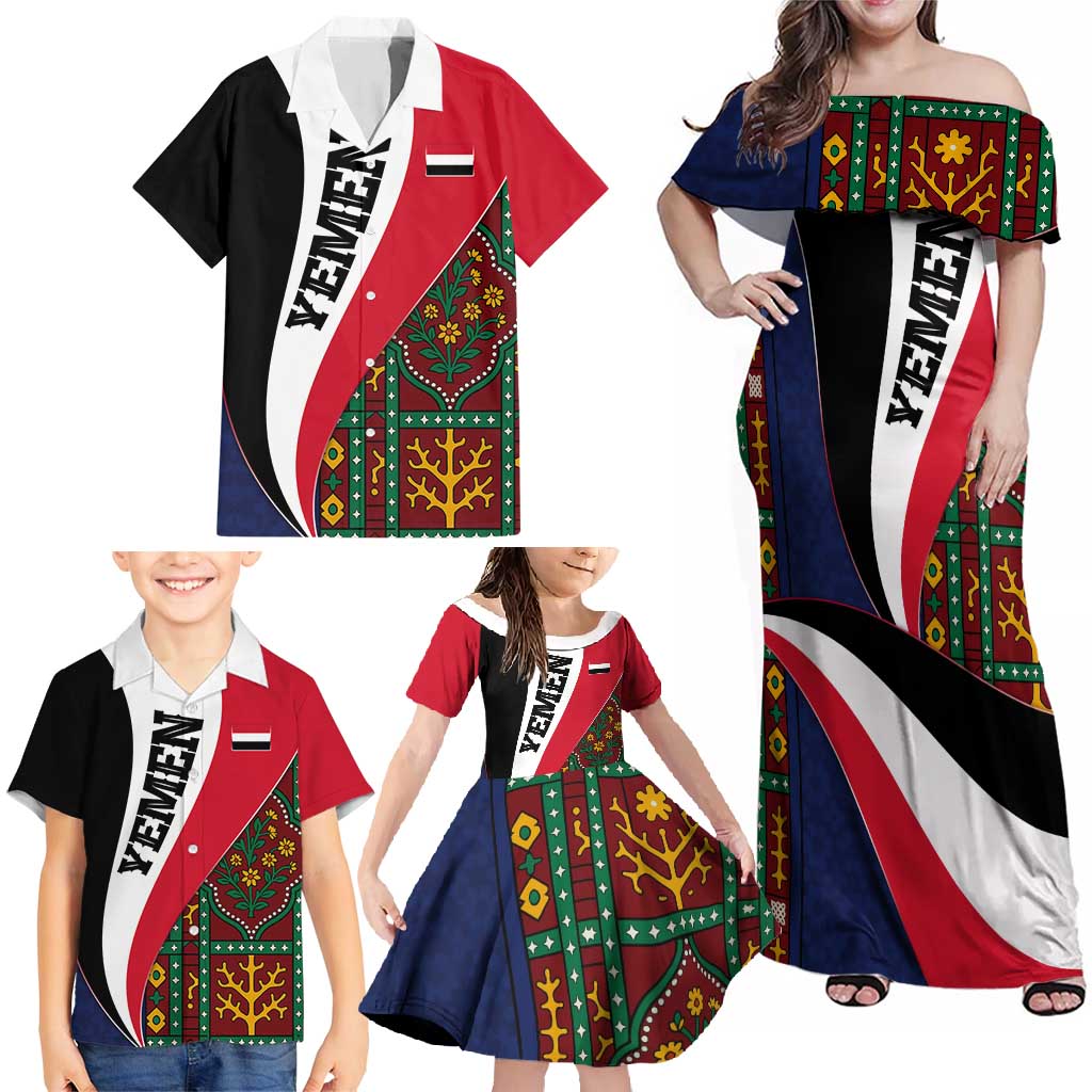 Yemen Heritage Family Matching Off Shoulder Maxi Dress and Hawaiian Shirt with Traditional Pattern and Flag Colors