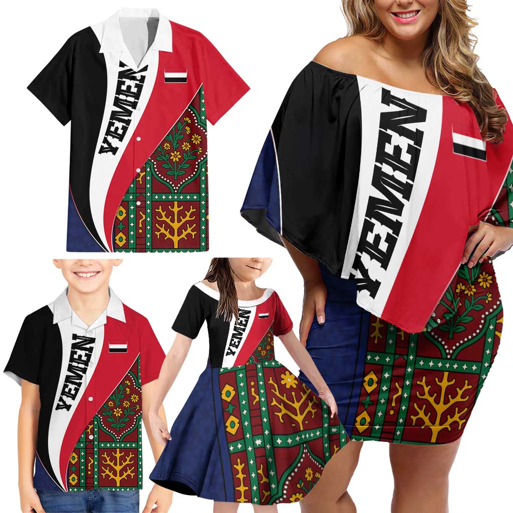 Yemen Heritage Family Matching Off Shoulder Short Dress and Hawaiian Shirt with Traditional Pattern and Flag Colors