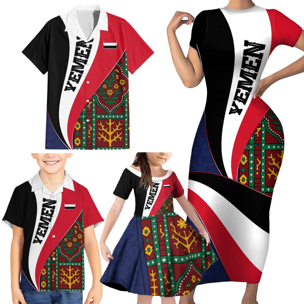 Yemen Heritage Family Matching Short Sleeve Bodycon Dress and Hawaiian Shirt with Traditional Pattern and Flag Colors