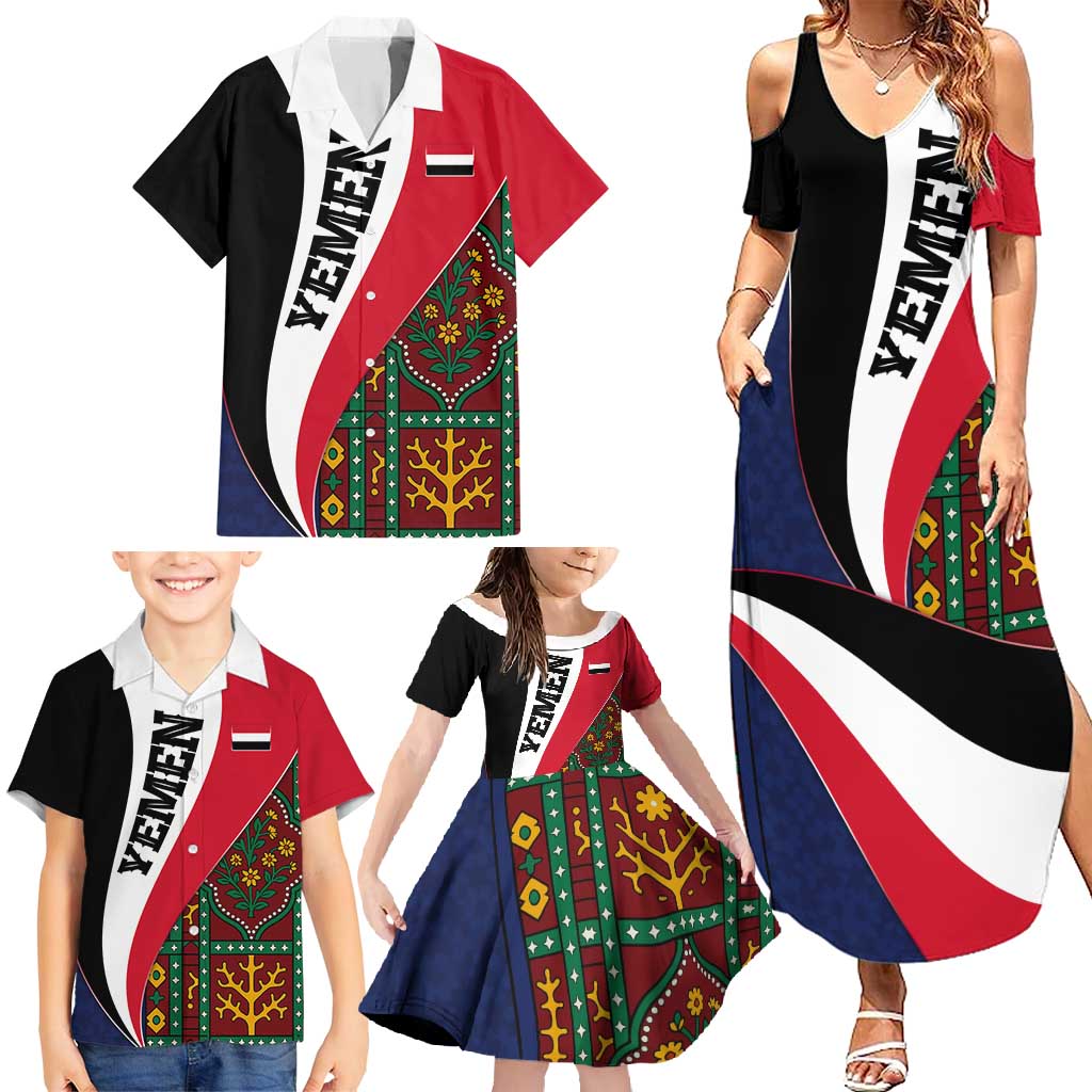 Yemen Heritage Family Matching Summer Maxi Dress and Hawaiian Shirt with Traditional Pattern and Flag Colors