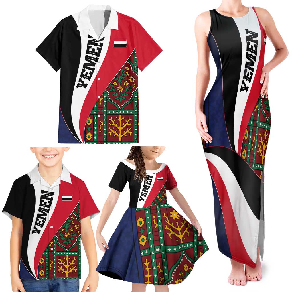 Yemen Heritage Family Matching Tank Maxi Dress and Hawaiian Shirt with Traditional Pattern and Flag Colors