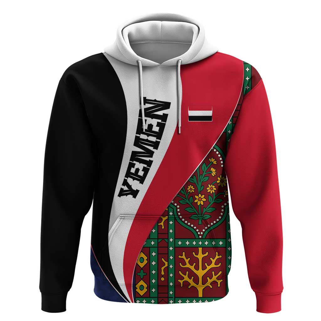 Yemen Heritage Hoodie with Traditional Pattern and Flag Colors
