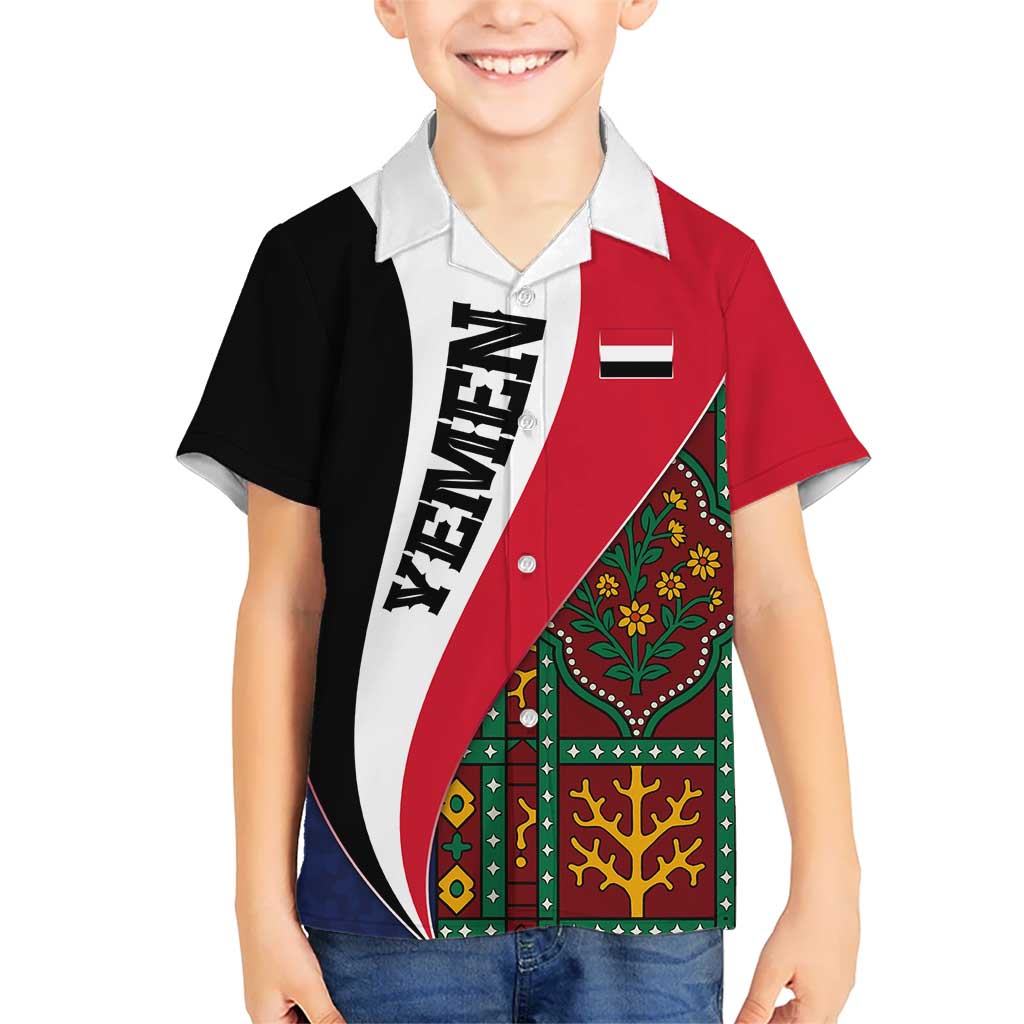 Yemen Heritage Kid Hawaiian Shirt with Traditional Pattern and Flag Colors