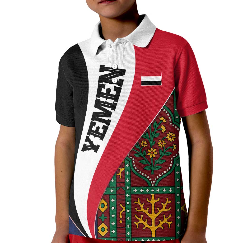 Yemen Heritage Kid Polo Shirt with Traditional Pattern and Flag Colors