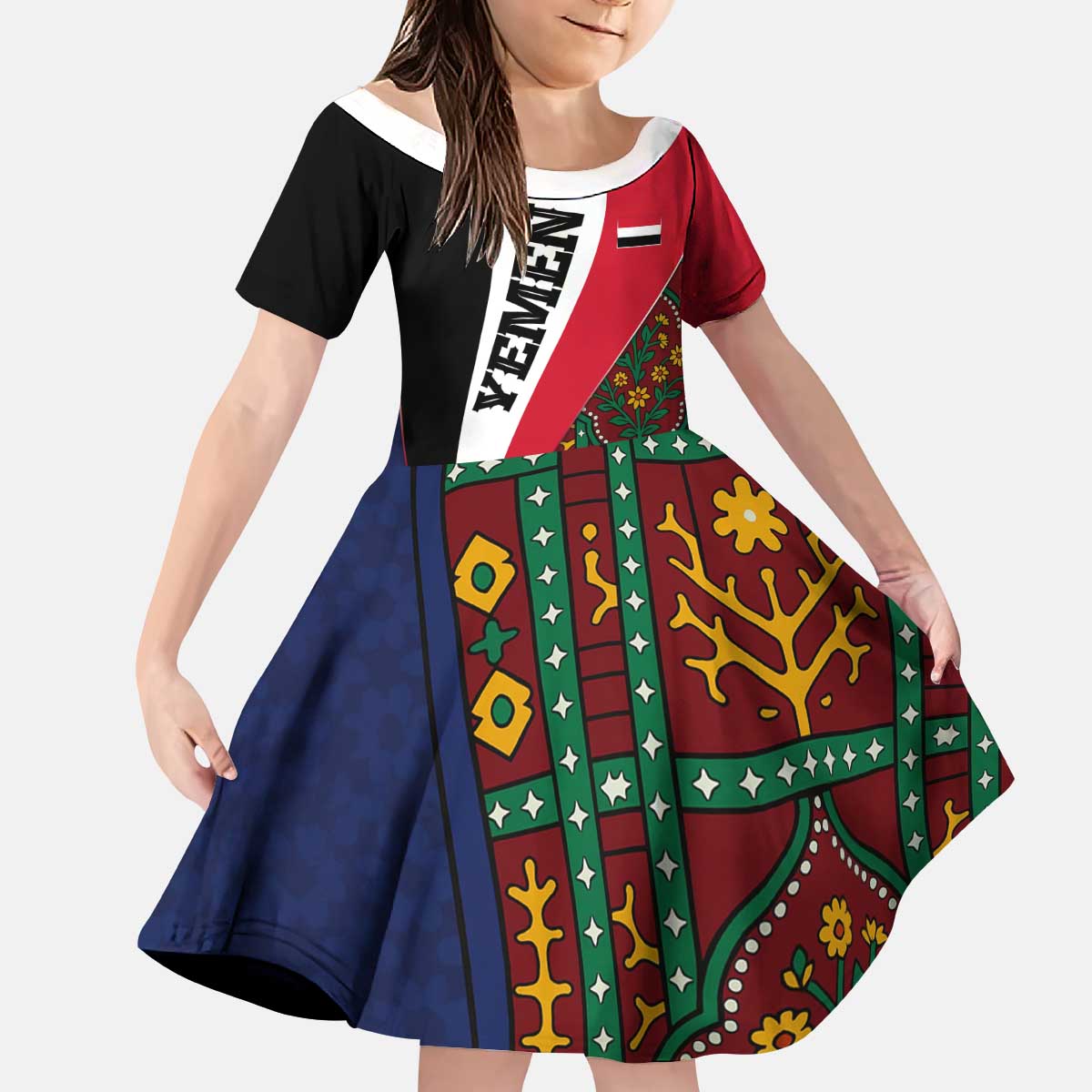 Yemen Heritage Kid Short Sleeve Dress with Traditional Pattern and Flag Colors