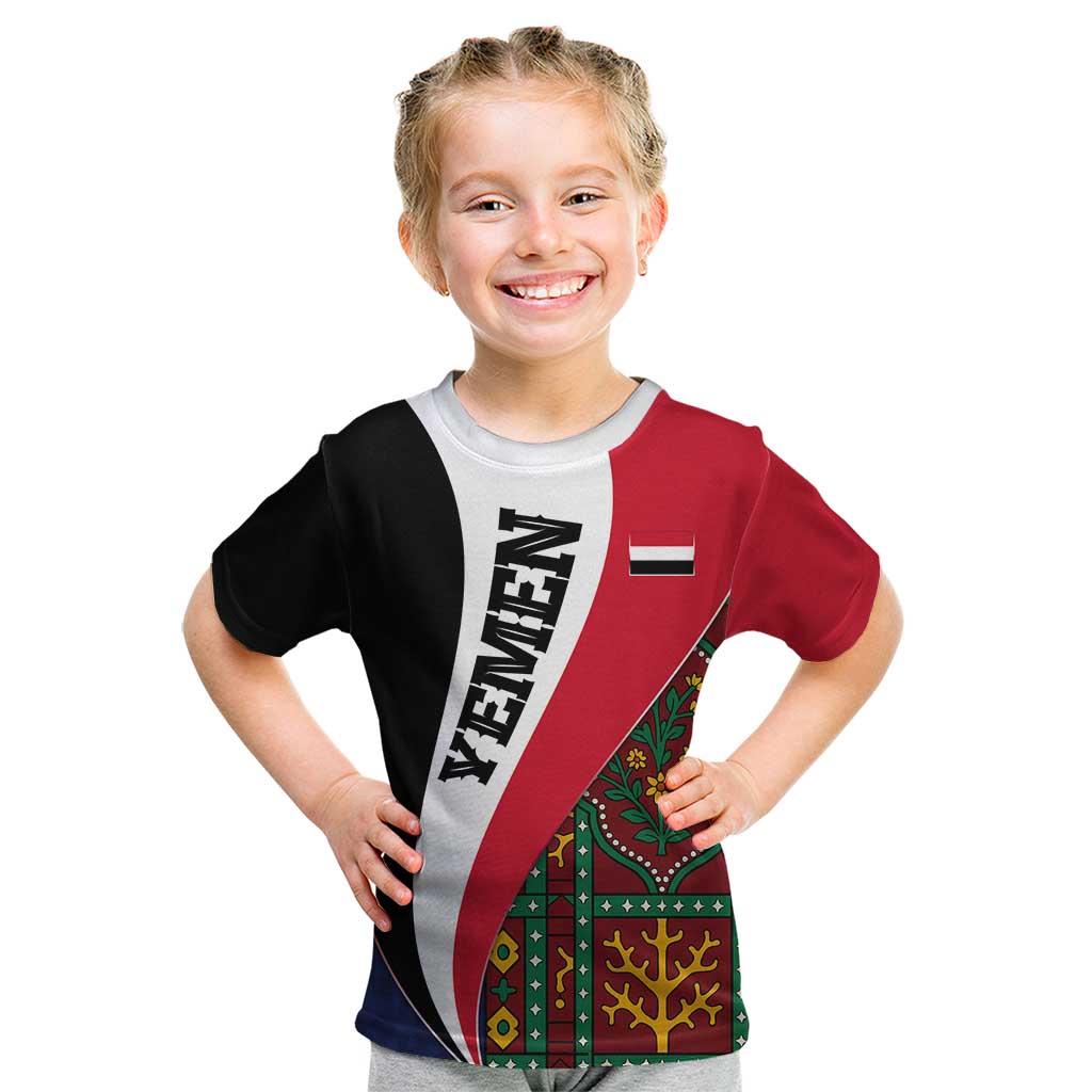 Yemen Heritage Kid T Shirt with Traditional Pattern and Flag Colors