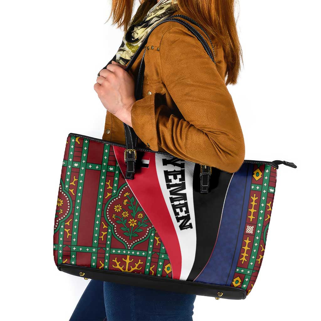 Yemen Heritage Leather Tote Bag with Traditional Pattern and Flag Colors