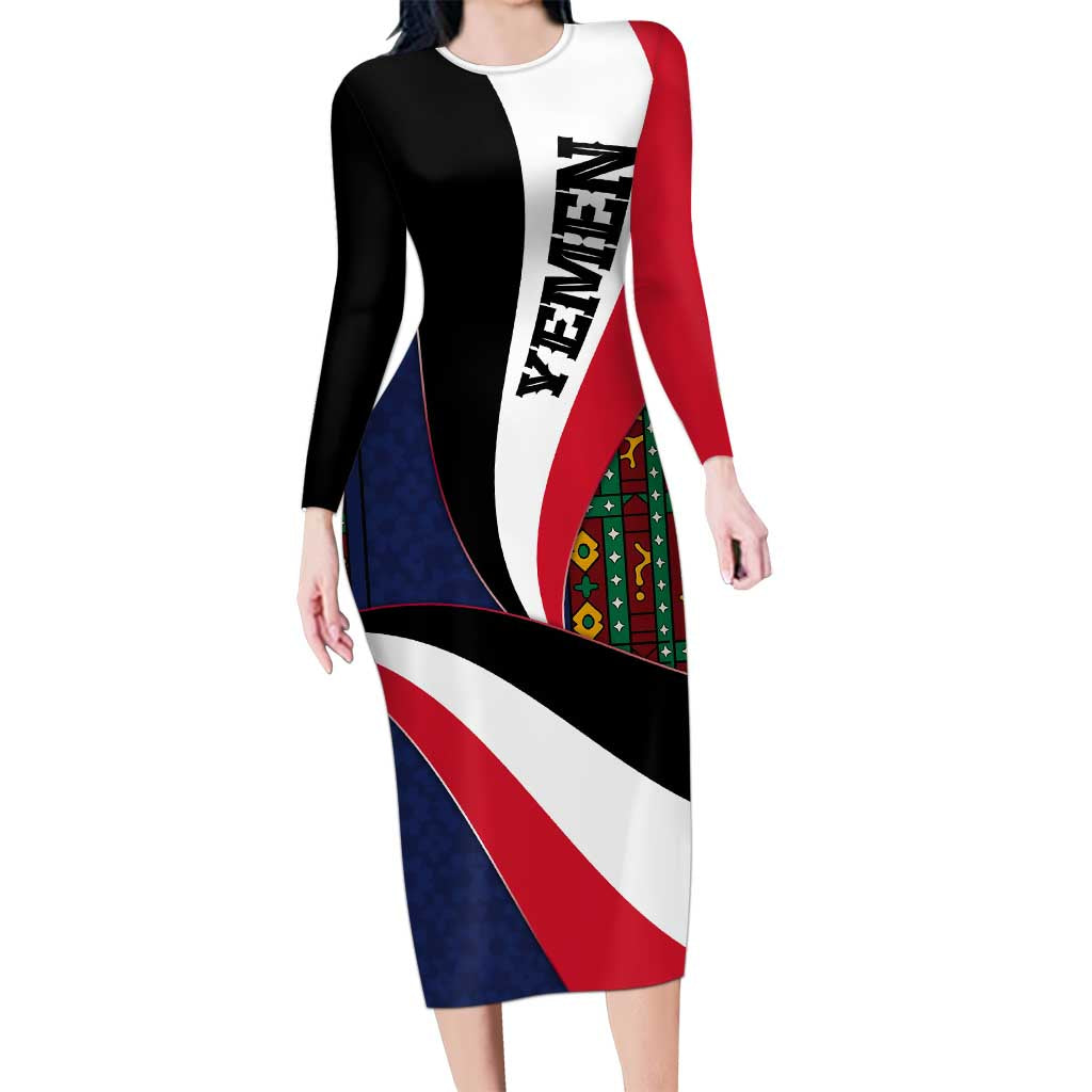 Yemen Heritage Long Sleeve Bodycon Dress with Traditional Pattern and Flag Colors