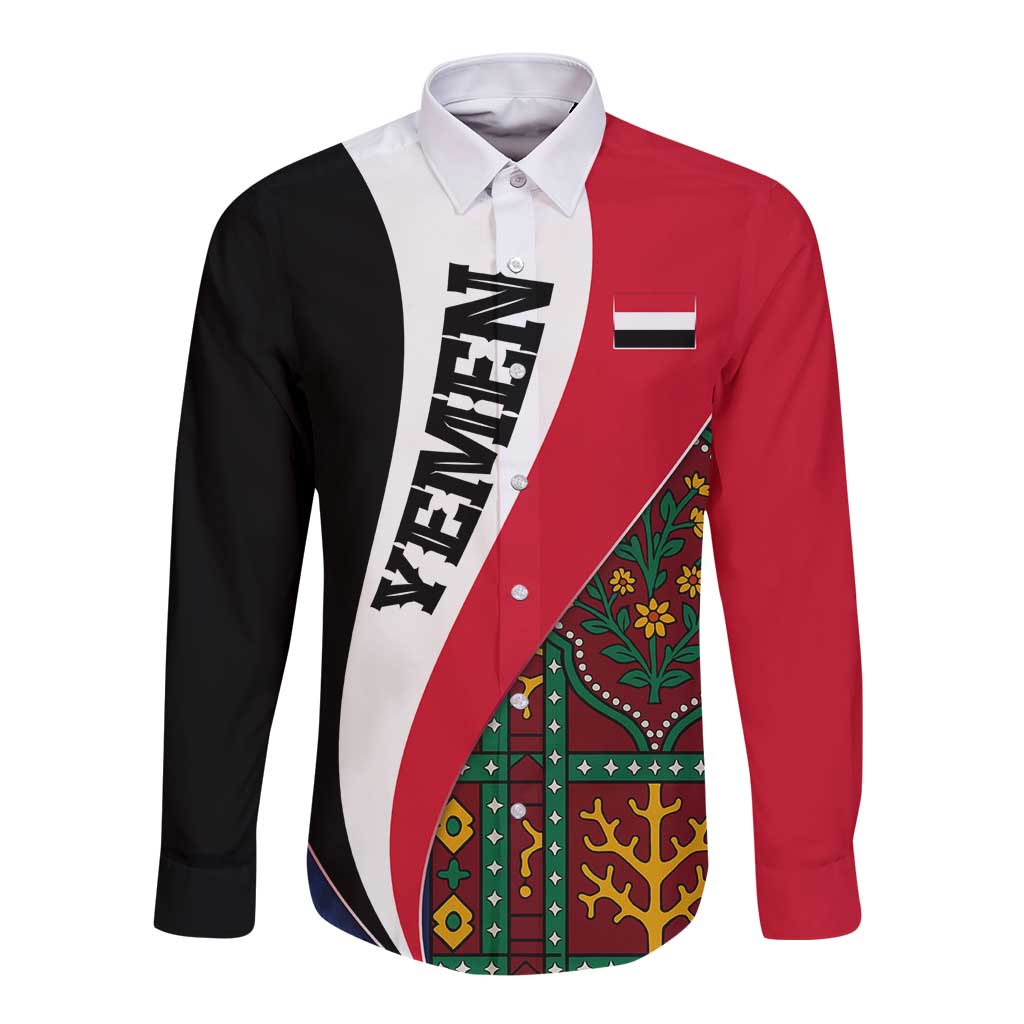 Yemen Heritage Long Sleeve Button Shirt with Traditional Pattern and Flag Colors