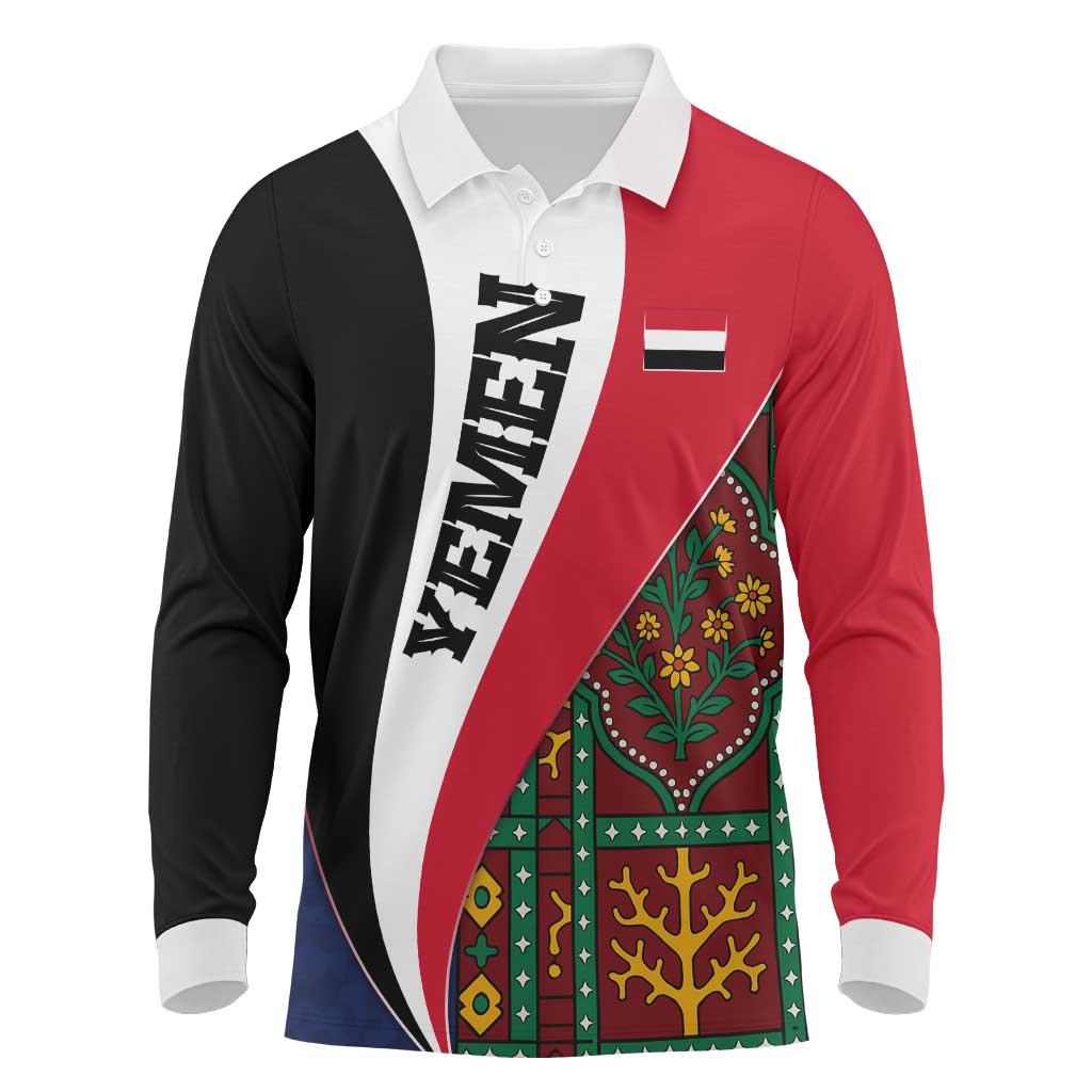 Yemen Heritage Long Sleeve Polo Shirt with Traditional Pattern and Flag Colors