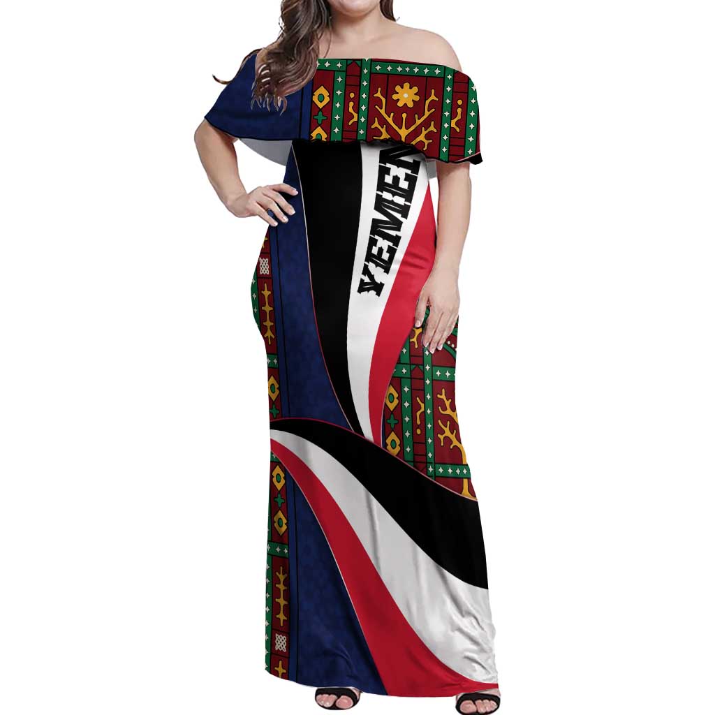 Yemen Heritage Off Shoulder Maxi Dress with Traditional Pattern and Flag Colors