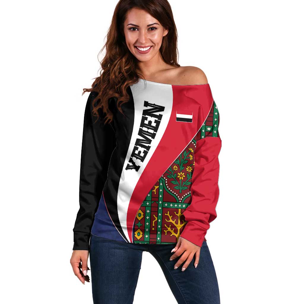 Yemen Heritage Off Shoulder Sweater with Traditional Pattern and Flag Colors