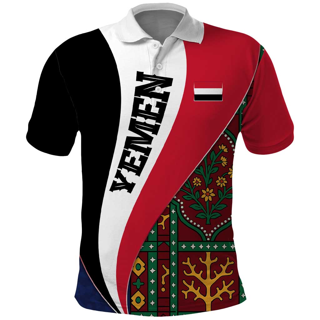 Yemen Heritage Polo Shirt with Traditional Pattern and Flag Colors