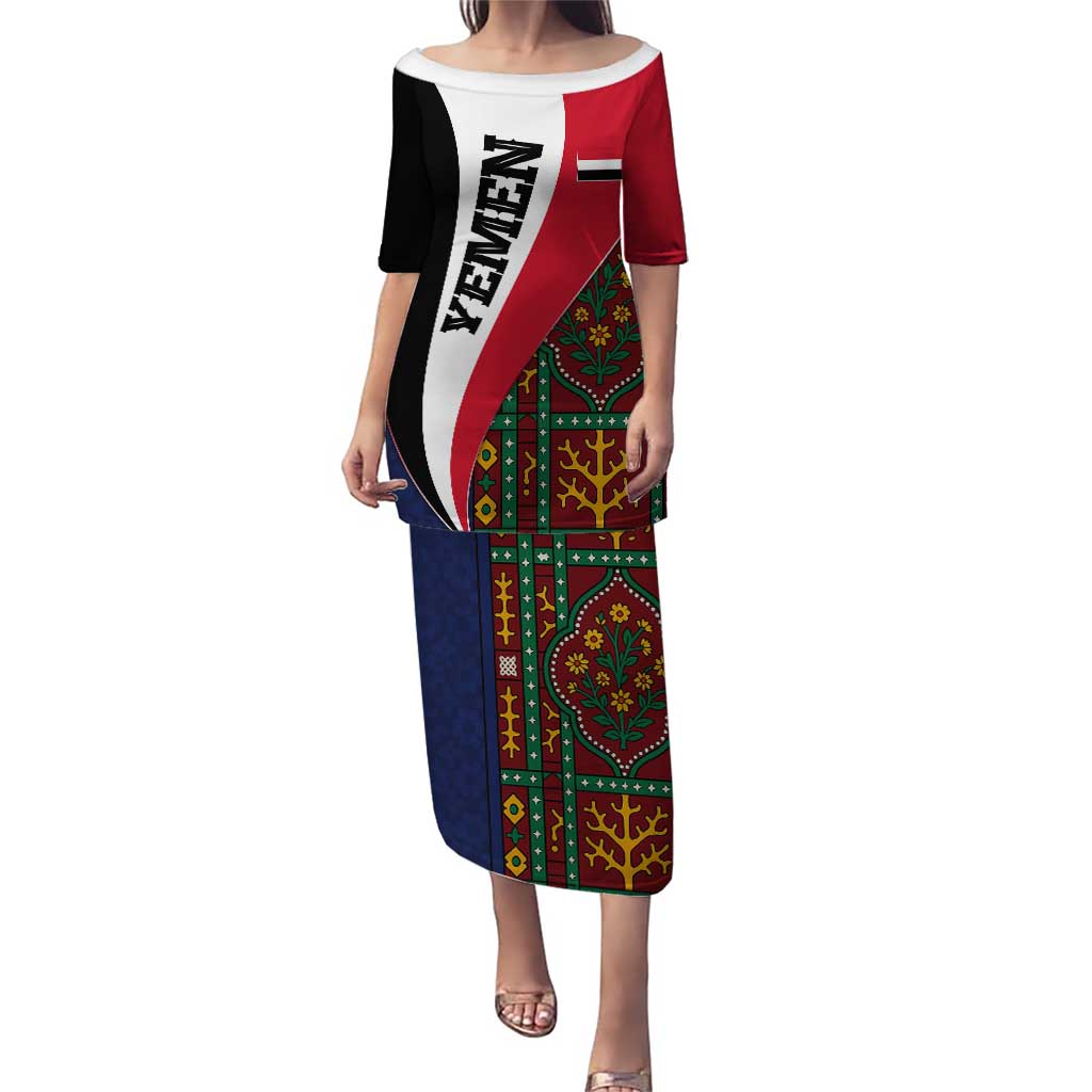 Yemen Heritage Puletasi with Traditional Pattern and Flag Colors