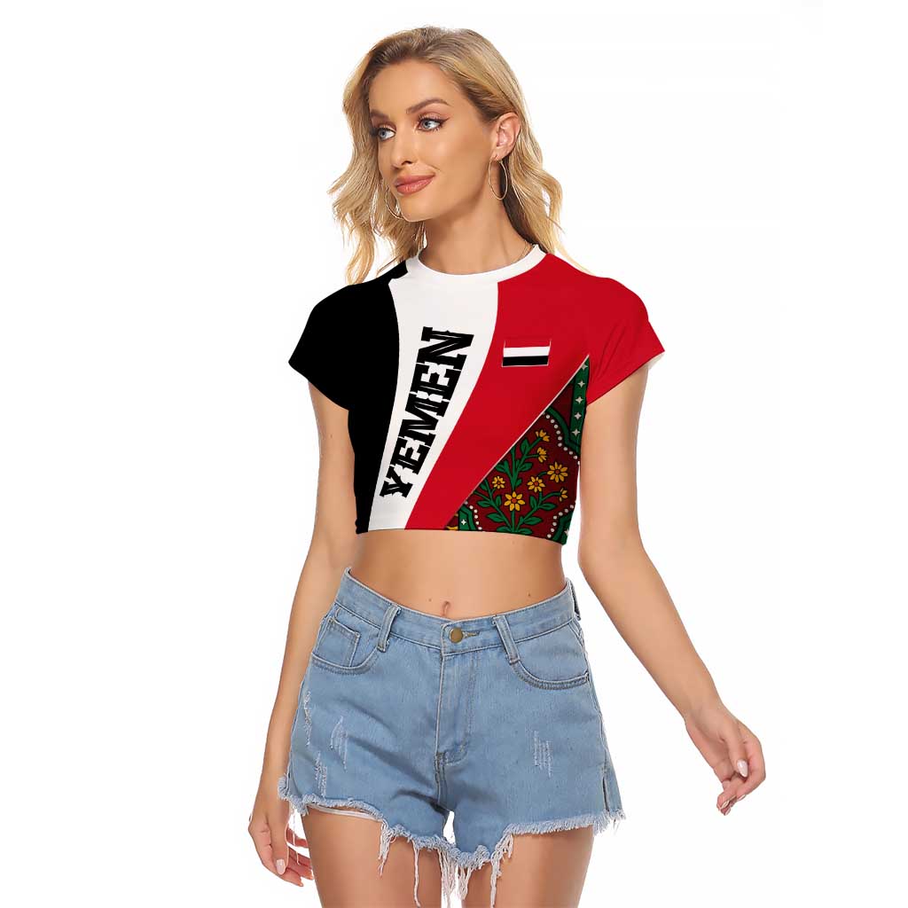Yemen Heritage Raglan Cropped T Shirt with Traditional Pattern and Flag Colors
