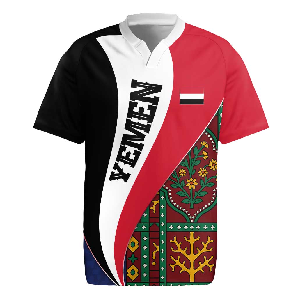 Yemen Heritage Rugby Jersey with Traditional Pattern and Flag Colors