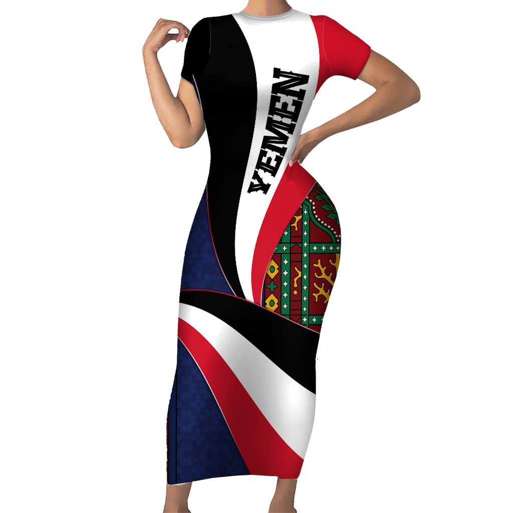 Yemen Heritage Short Sleeve Bodycon Dress with Traditional Pattern and Flag Colors