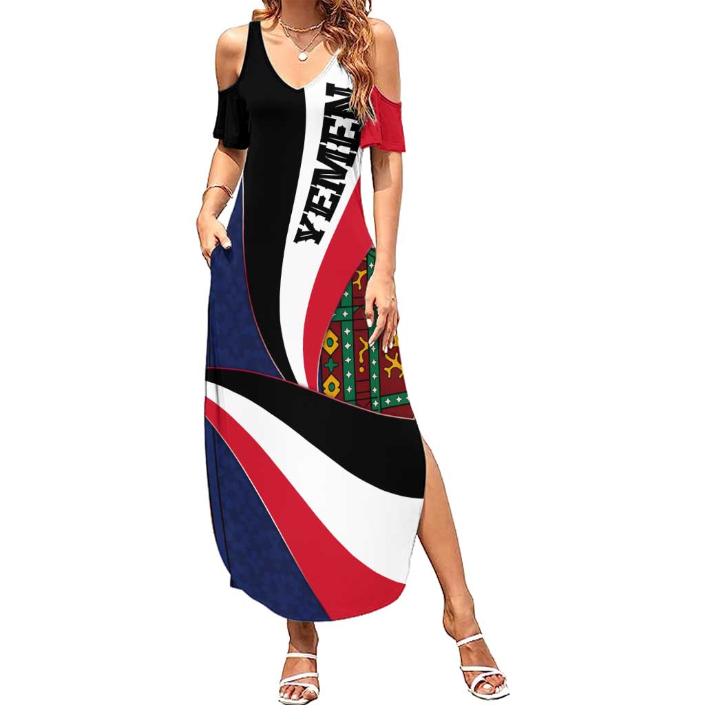 Yemen Heritage Summer Maxi Dress with Traditional Pattern and Flag Colors