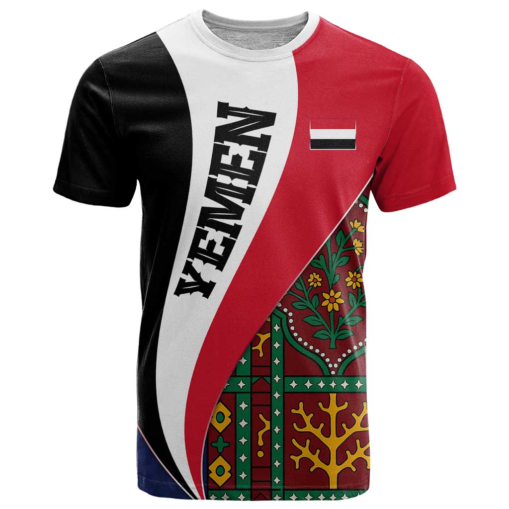 Yemen Heritage T Shirt with Traditional Pattern and Flag Colors