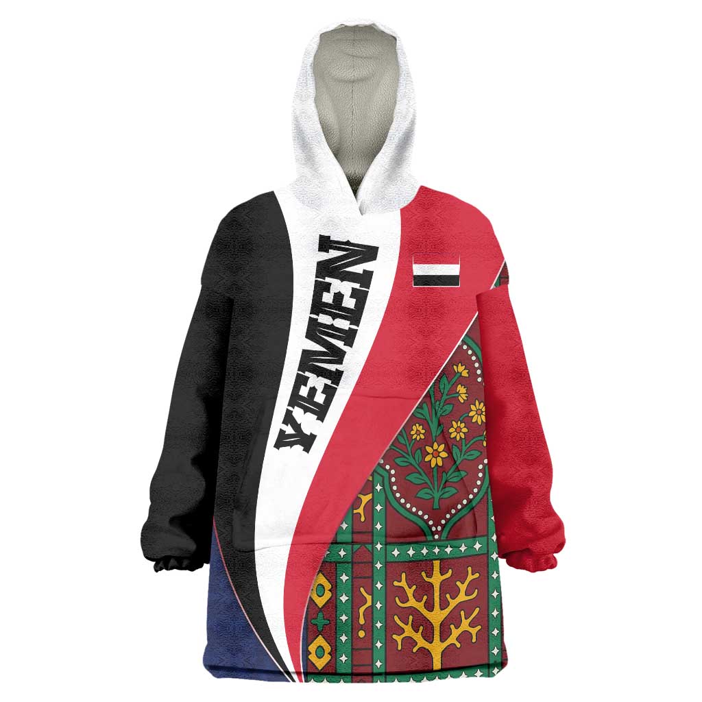 Yemen Heritage Wearable Blanket Hoodie with Traditional Pattern and Flag Colors
