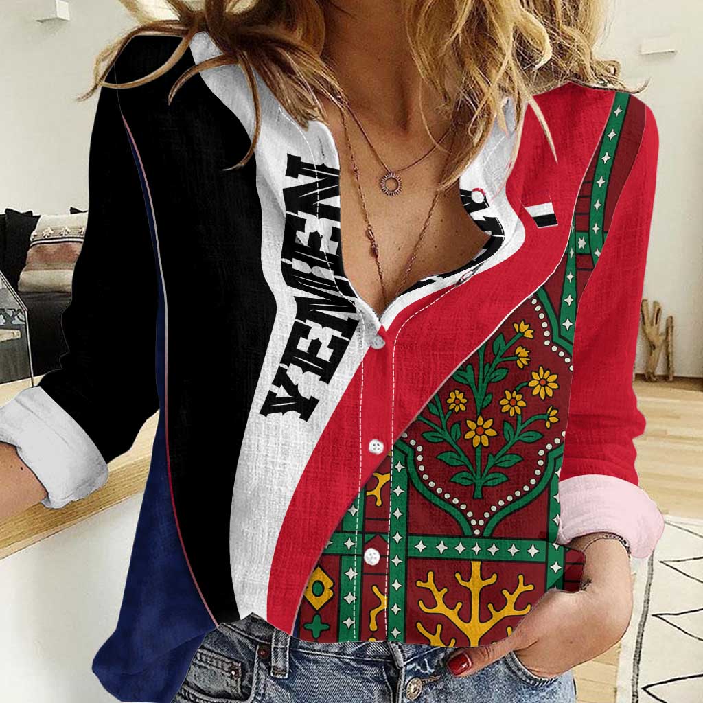 Yemen Heritage Women Casual Shirt with Traditional Pattern and Flag Colors