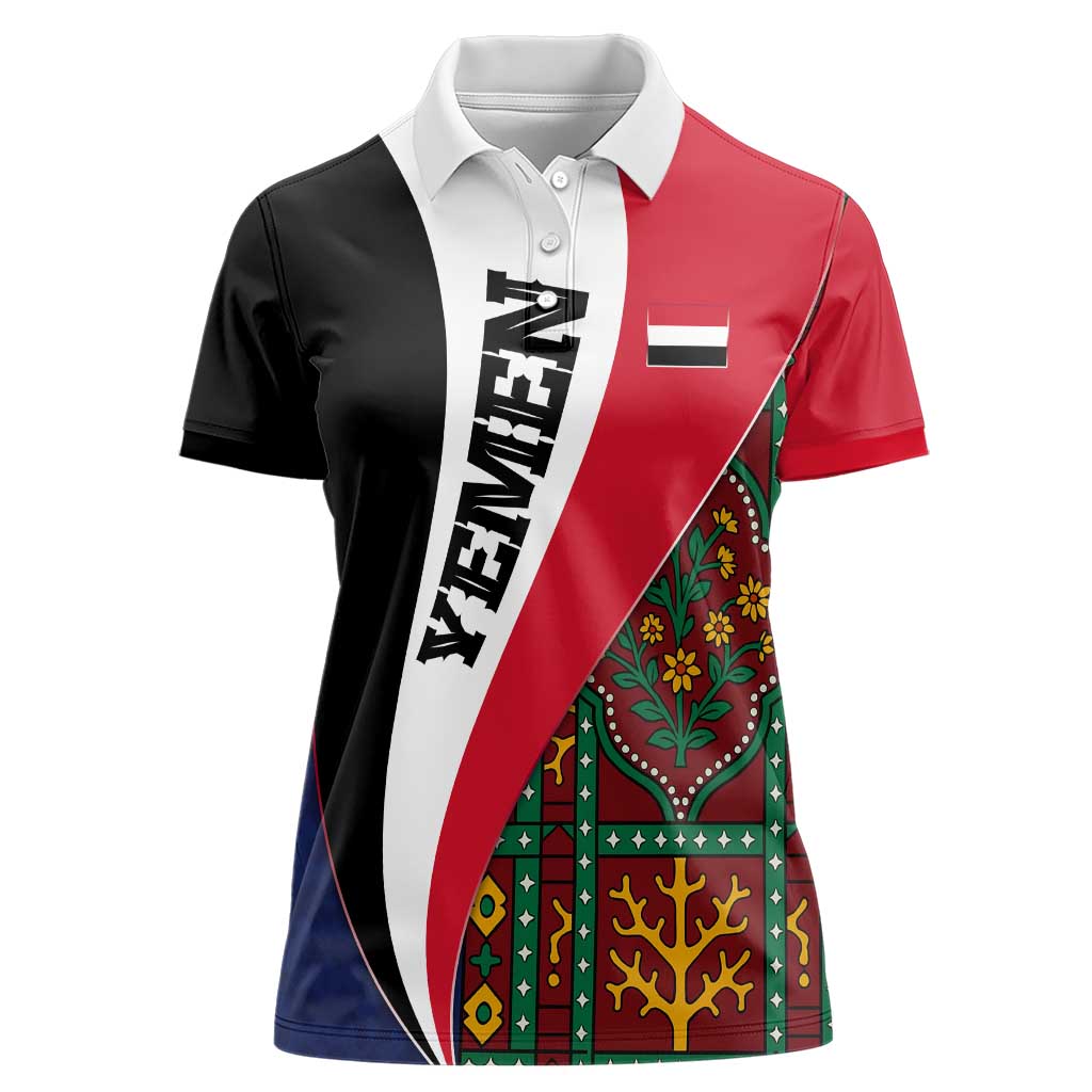 Yemen Heritage Women Polo Shirt with Traditional Pattern and Flag Colors