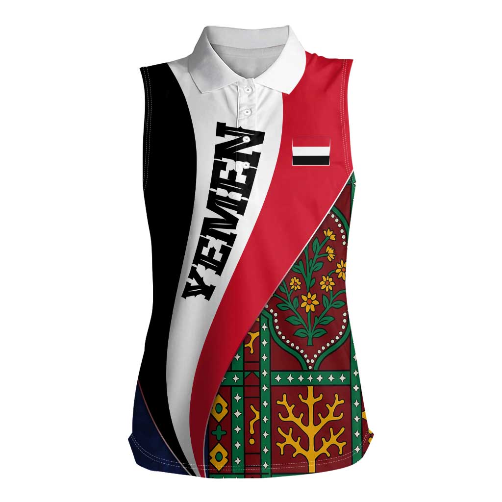 Yemen Heritage Women Sleeveless Polo Shirt with Traditional Pattern and Flag Colors
