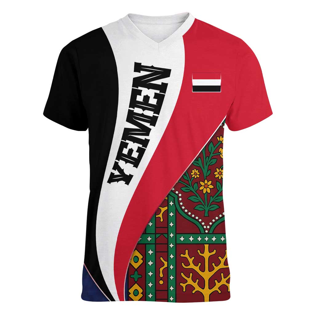 Yemen Heritage Women V-Neck T-Shirt with Traditional Pattern and Flag Colors