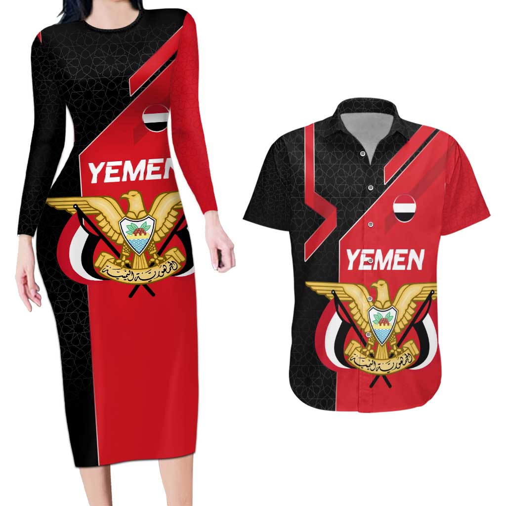 Yemen Eagle Emblem Couples Matching Long Sleeve Bodycon Dress and Hawaiian Shirt with National Flag and Map Design