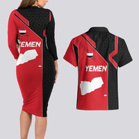 Yemen Eagle Emblem Couples Matching Long Sleeve Bodycon Dress and Hawaiian Shirt with National Flag and Map Design