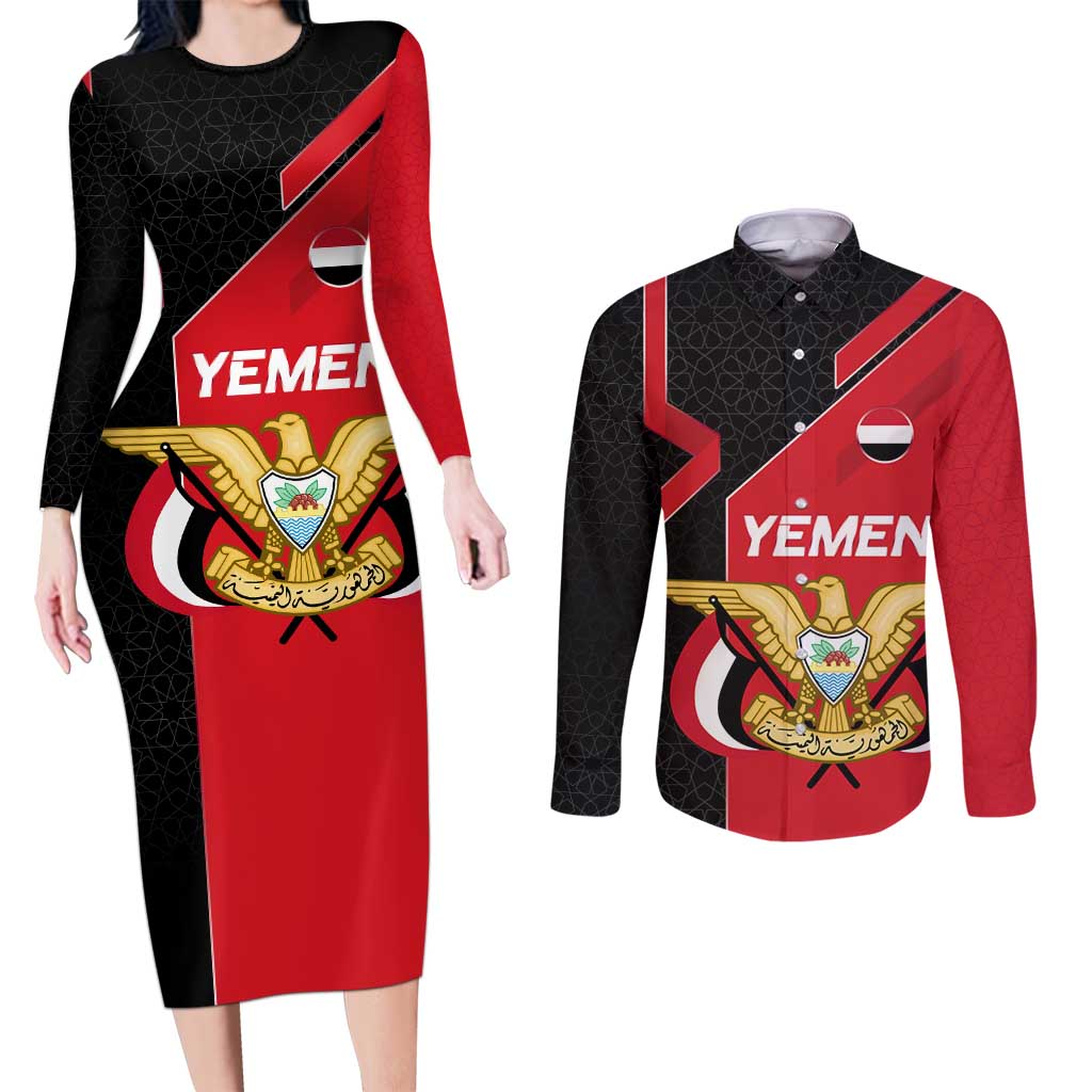 Yemen Eagle Emblem Couples Matching Long Sleeve Bodycon Dress and Long Sleeve Button Shirt with National Flag and Map Design