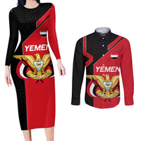 Yemen Eagle Emblem Couples Matching Long Sleeve Bodycon Dress and Long Sleeve Button Shirt with National Flag and Map Design