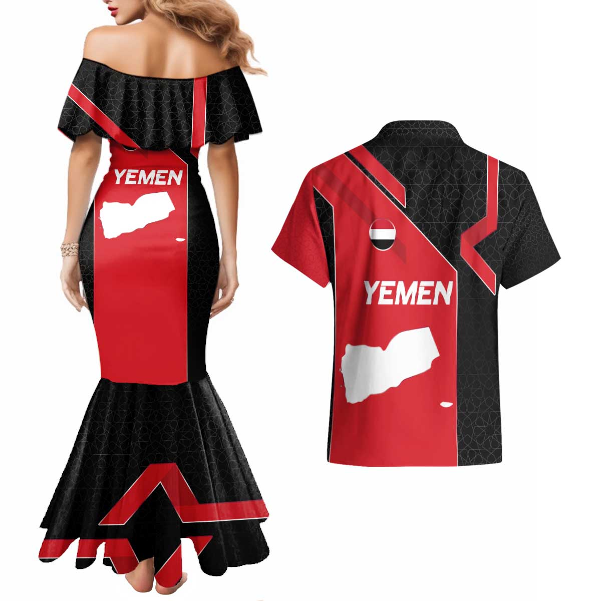 Yemen Eagle Emblem Couples Matching Mermaid Dress and Hawaiian Shirt with National Flag and Map Design