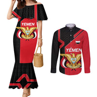 Yemen Eagle Emblem Couples Matching Mermaid Dress and Long Sleeve Button Shirt with National Flag and Map Design