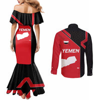 Yemen Eagle Emblem Couples Matching Mermaid Dress and Long Sleeve Button Shirt with National Flag and Map Design