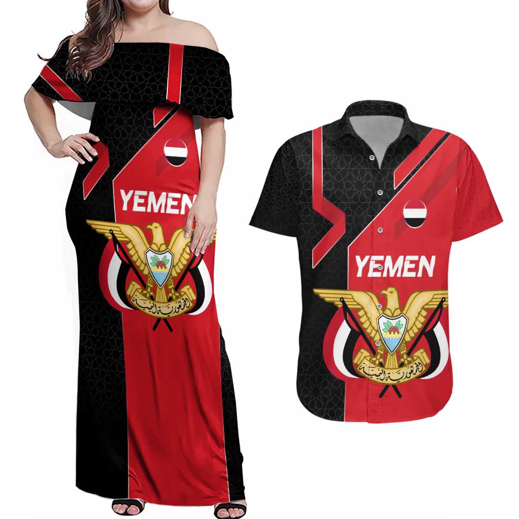 Yemen Eagle Emblem Couples Matching Off Shoulder Maxi Dress and Hawaiian Shirt with National Flag and Map Design