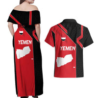 Yemen Eagle Emblem Couples Matching Off Shoulder Maxi Dress and Hawaiian Shirt with National Flag and Map Design