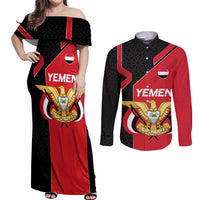 Yemen Eagle Emblem Couples Matching Off Shoulder Maxi Dress and Long Sleeve Button Shirt with National Flag and Map Design