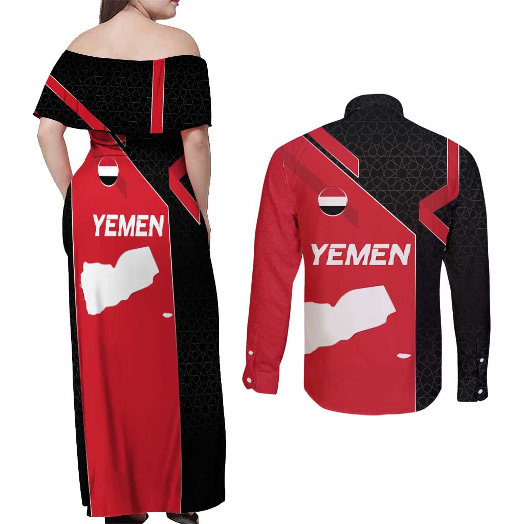 Yemen Eagle Emblem Couples Matching Off Shoulder Maxi Dress and Long Sleeve Button Shirt with National Flag and Map Design