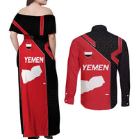Yemen Eagle Emblem Couples Matching Off Shoulder Maxi Dress and Long Sleeve Button Shirt with National Flag and Map Design