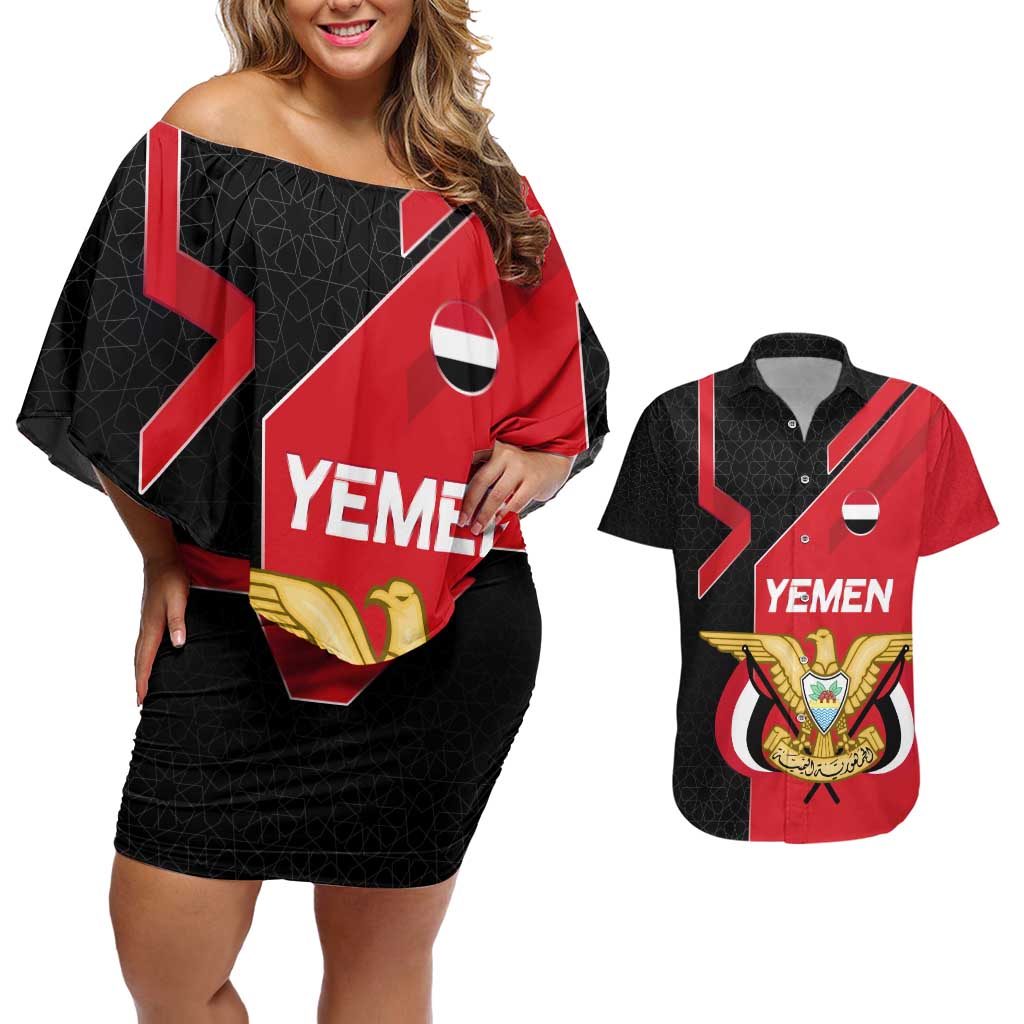 Yemen Eagle Emblem Couples Matching Off Shoulder Short Dress and Hawaiian Shirt with National Flag and Map Design