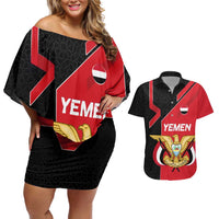 Yemen Eagle Emblem Couples Matching Off Shoulder Short Dress and Hawaiian Shirt with National Flag and Map Design