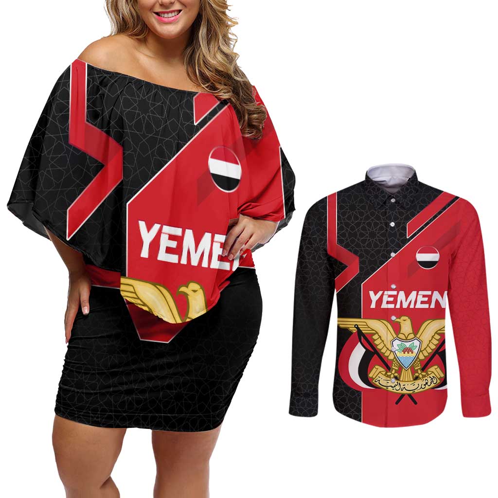 Yemen Eagle Emblem Couples Matching Off Shoulder Short Dress and Long Sleeve Button Shirt with National Flag and Map Design