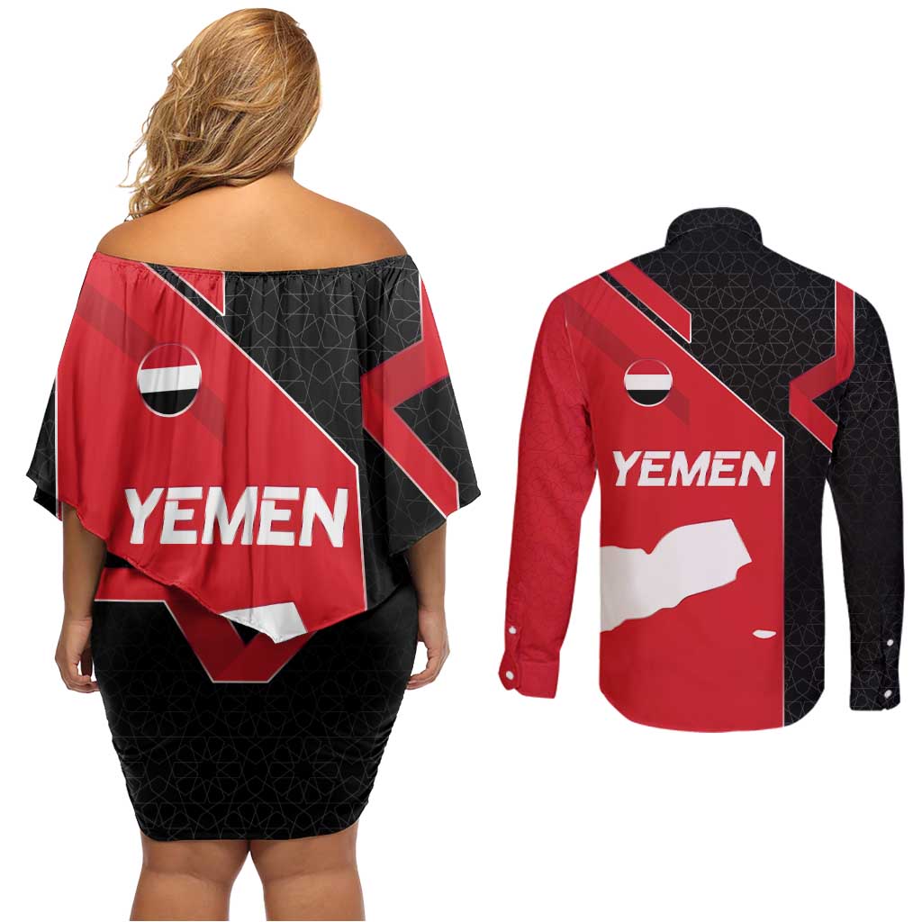 Yemen Eagle Emblem Couples Matching Off Shoulder Short Dress and Long Sleeve Button Shirt with National Flag and Map Design