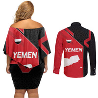 Yemen Eagle Emblem Couples Matching Off Shoulder Short Dress and Long Sleeve Button Shirt with National Flag and Map Design