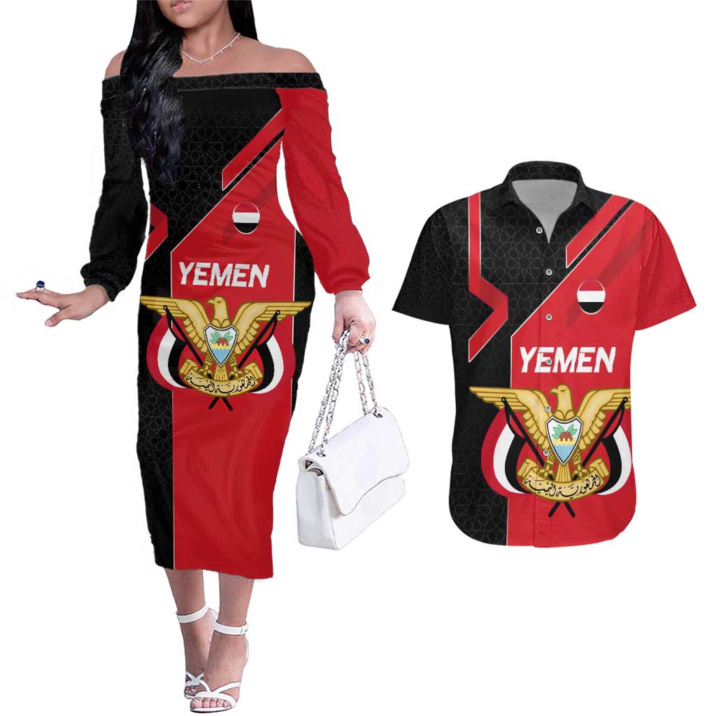 Yemen Eagle Emblem Couples Matching Off The Shoulder Long Sleeve Dress and Hawaiian Shirt with National Flag and Map Design