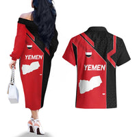 Yemen Eagle Emblem Couples Matching Off The Shoulder Long Sleeve Dress and Hawaiian Shirt with National Flag and Map Design