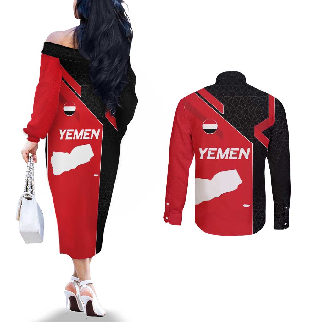 Yemen Eagle Emblem Couples Matching Off The Shoulder Long Sleeve Dress and Long Sleeve Button Shirt with National Flag and Map Design