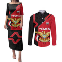 Yemen Eagle Emblem Couples Matching Puletasi and Long Sleeve Button Shirt with National Flag and Map Design