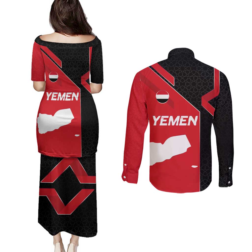 Yemen Eagle Emblem Couples Matching Puletasi and Long Sleeve Button Shirt with National Flag and Map Design